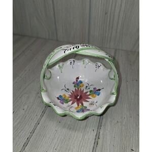 Vtg Portugal Hand Painted Pottery Ceramic Basket With Flowers Easter Spring 5x5"